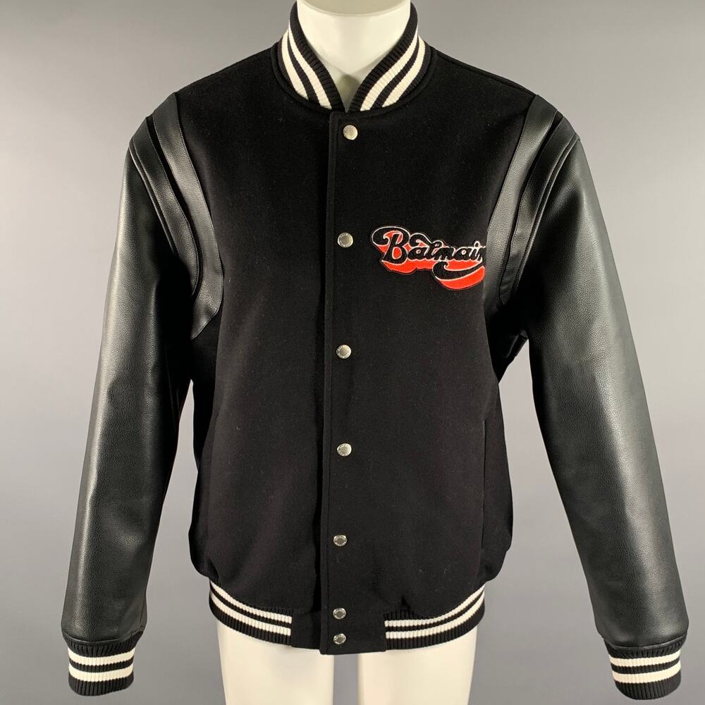 BALMAIN Size 40 Black Red White Patch Wool Faux Leather Varsity Jacket